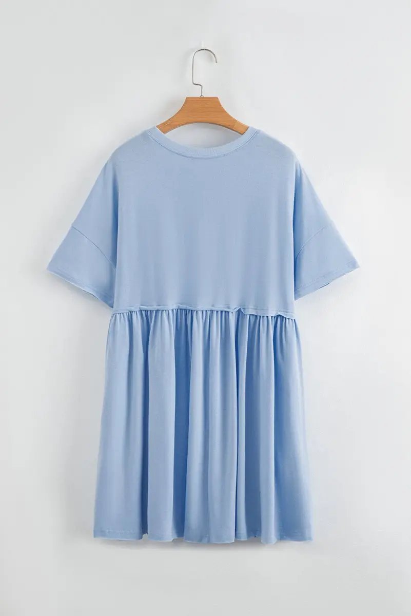Sky Blue Solid Color Pocketed Raw Edge Babydoll Dress - Love Salve